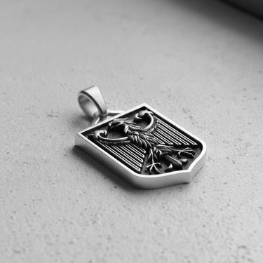 Side perspective of German Federal Eagle pendant showing polished bail and sturdy sterling silver construction