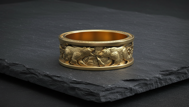 14K gold vermeil silver polar bear ring with intricate animal relief carving on dark slate background