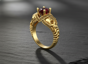 14K gold vermeil skull engagement ring with square red gemstone displayed on dark stone texture