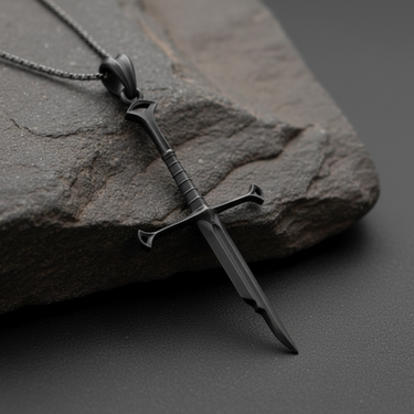 Black rhodium plated sterling silver broken sword pendant with intricate hilt details on stone