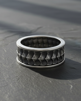 Oxidized sterling silver dragon scale ring with intricate detailing and darkened patina for gothic style men's jewelry