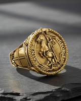 Detailed Silver Saint George Ring depicting the dragon slayer legend on a textured dark background