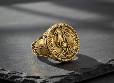 Detailed Silver Saint George Ring depicting the dragon slayer legend on a textured dark background