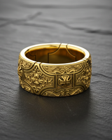 Close-up showing the thickness and oxidized finish of the handcrafted sterling silver gothic cross ring