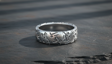 Close up of 925 sterling silver band ring showing detailed ancient Egyptian relief carvings and oxidation