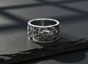 Front view of 925 sterling silver money fish ring with dollar sign detail on dark stone background
