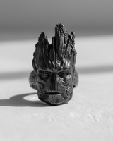 Front view of handcrafted 925 sterling silver Groot ring with detailed wood texture and expressive eyes