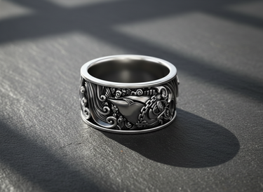 Side angle of handcrafted silver ring showing intricate fish scales and wave relief design