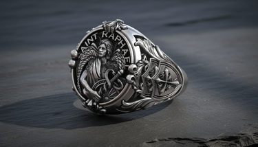 Close-up of Saint Raphael Archangel face and text engraving on oxidized silver signet ring
