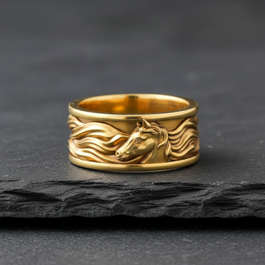 Gold vermeil horse ring with detailed flowing mane design on black stone background