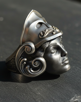 Detailed Silver Athena Goddess Ring featuring realistic face sculpture and helmet design on dark background