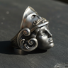 Detailed Silver Athena Goddess Ring featuring realistic face sculpture and helmet design on dark background