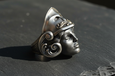 Detailed Silver Athena Goddess Ring featuring realistic face sculpture and helmet design on dark background