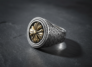 Two-tone 925 sterling silver signet ring with gold floral cross and rope bezel on dark background