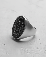 925 sterling silver Akhenaten ring featuring detailed Egyptian hieroglyphs and sun disk on signet face