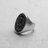 Side view of 925 sterling silver Akhenaten ring with matte finish and deep engraved hieroglyphic details