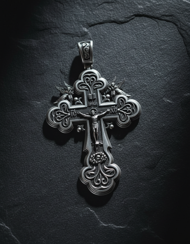 Silver Orthodox Cross Angels Pendant