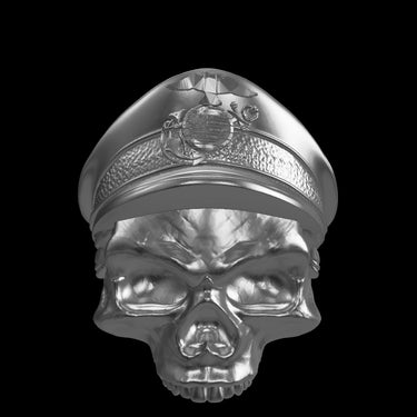 Marine Skull silver ring shown with size reference demonstrating actual dimensions