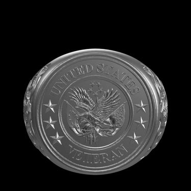 United States Veteran silver ring shown with size reference demonstrating actual dimensions