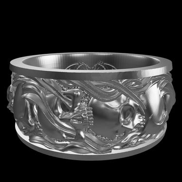 Skull Chain silver ring shown with size reference demonstrating actual dimensions