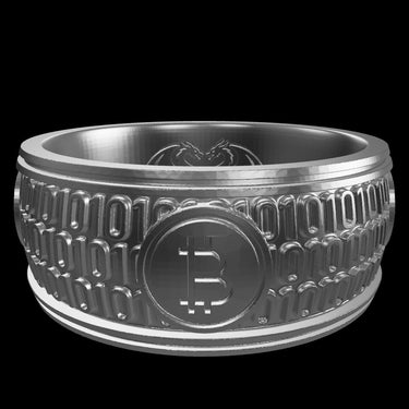 Bitcoin Code silver ring shown with size reference demonstrating actual dimensions