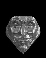 Anonymous Mask silver ring shown with size reference demonstrating actual dimensions