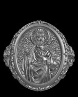 Saint Peter silver ring shown with size reference demonstrating actual dimensions