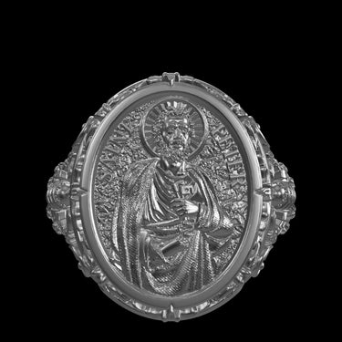 Saint Peter silver ring shown with size reference demonstrating actual dimensions