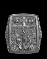 Crucifixion silver ring shown with size reference demonstrating actual dimensions