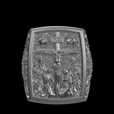 Crucifixion silver ring shown with size reference demonstrating actual dimensions