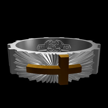 Sunburst Cross silver ring shown with size reference demonstrating actual dimensions