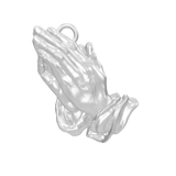 Three-dimensional view of silver praying hands religious pendant displaying craftsmanship from multiple angles
