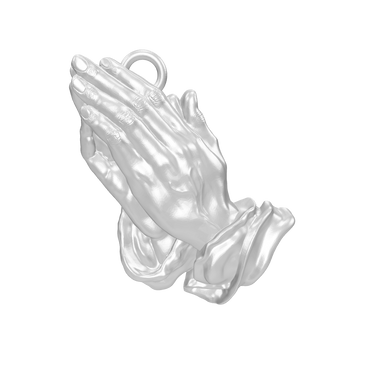 Three-dimensional view of silver praying hands religious pendant displaying craftsmanship from multiple angles