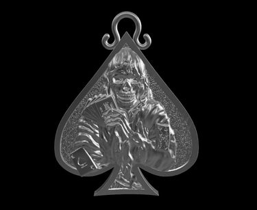 Three-quarter perspective of sterling silver gothic ace pendant displaying intricate reaper artwork