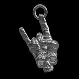 360-degree view of rock and roll skull pendant with decorative bail on heavy chain