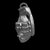 Angled view of silver skull grenade displaying teeth details and military insignia from multiple perspectives