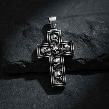 Silver Multi-Skull Cross Pendant